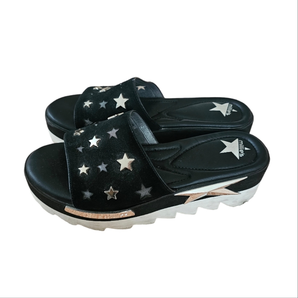 MILLIE'S Chunky Platform Slides w/Embedded Silver & Mesh Star Designs